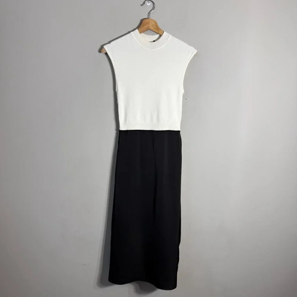 Hugo Boss Ferdola Mixed Media Midi Dress Women's XS Ivory Black Career Chic NWOT - Picture 5 of 16
